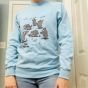 Vintage Sweatshirt Long Sleeve Crew Neck Pastel Blue Bear Graphic Kawaii Small